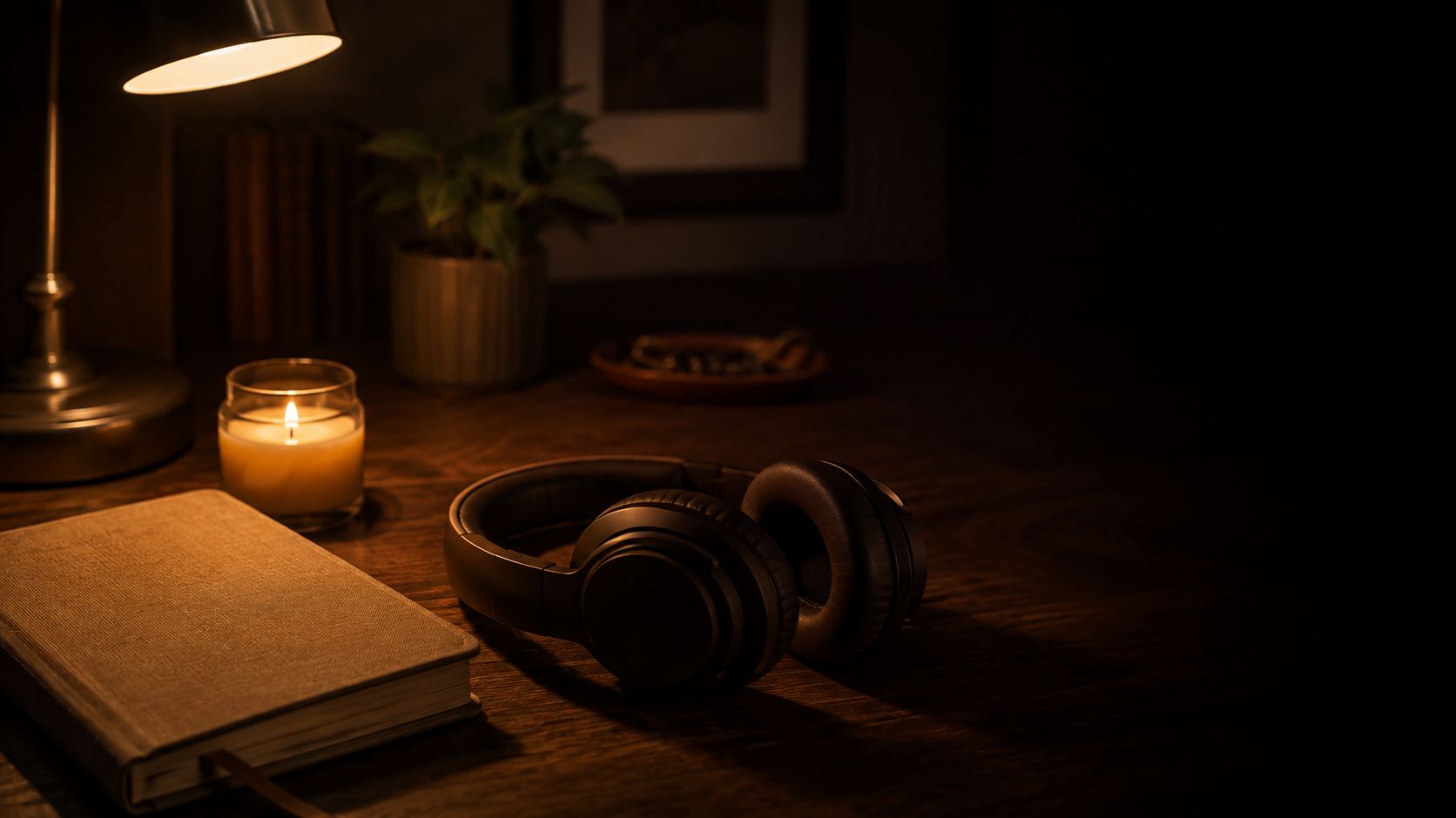 Over-ear headphones on a wooden desk beside a lit candle, in warm evening lamp light