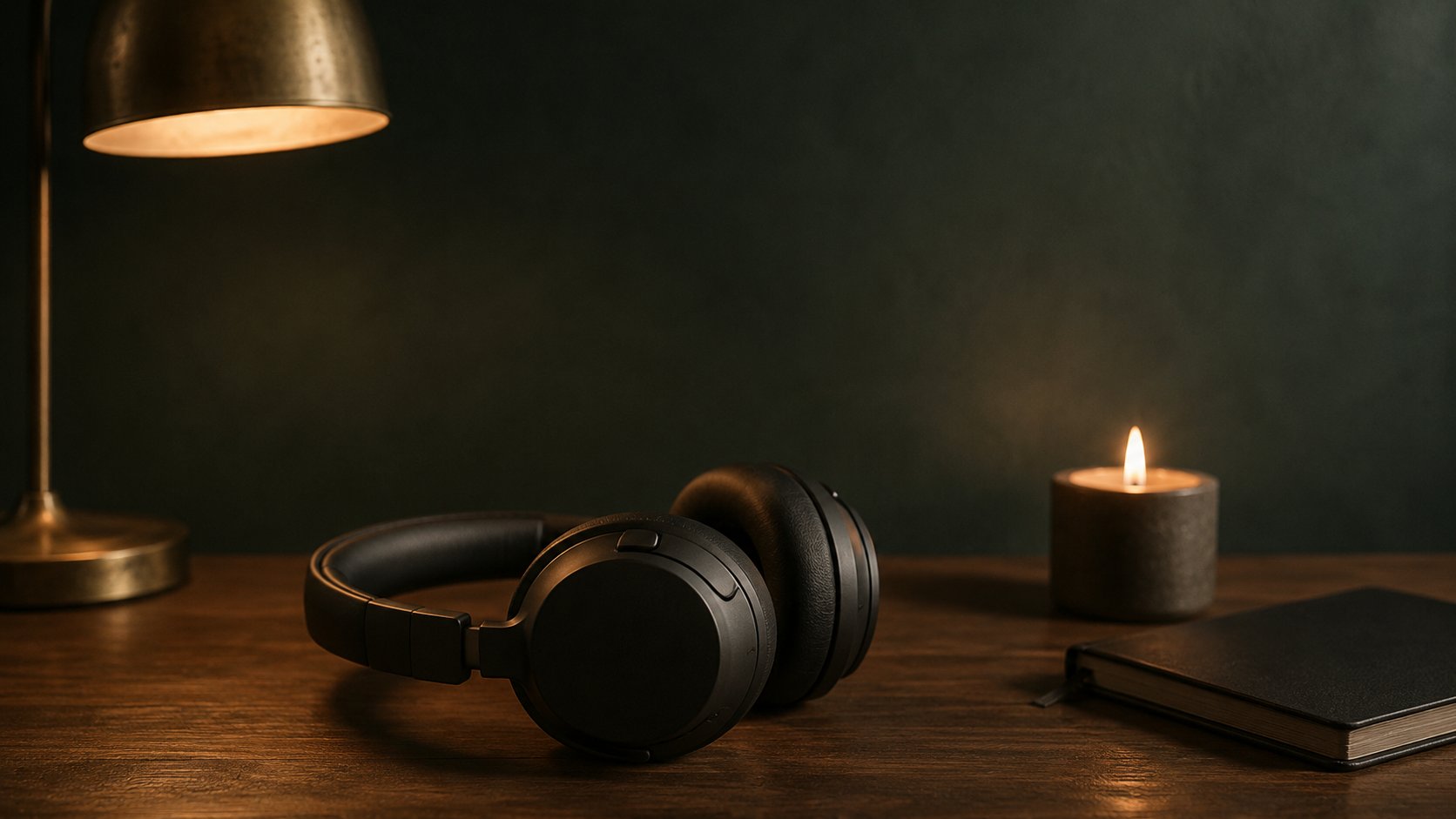A desk at night: matte black headphones beside a lit candle and notebook, under a warm brass lamp